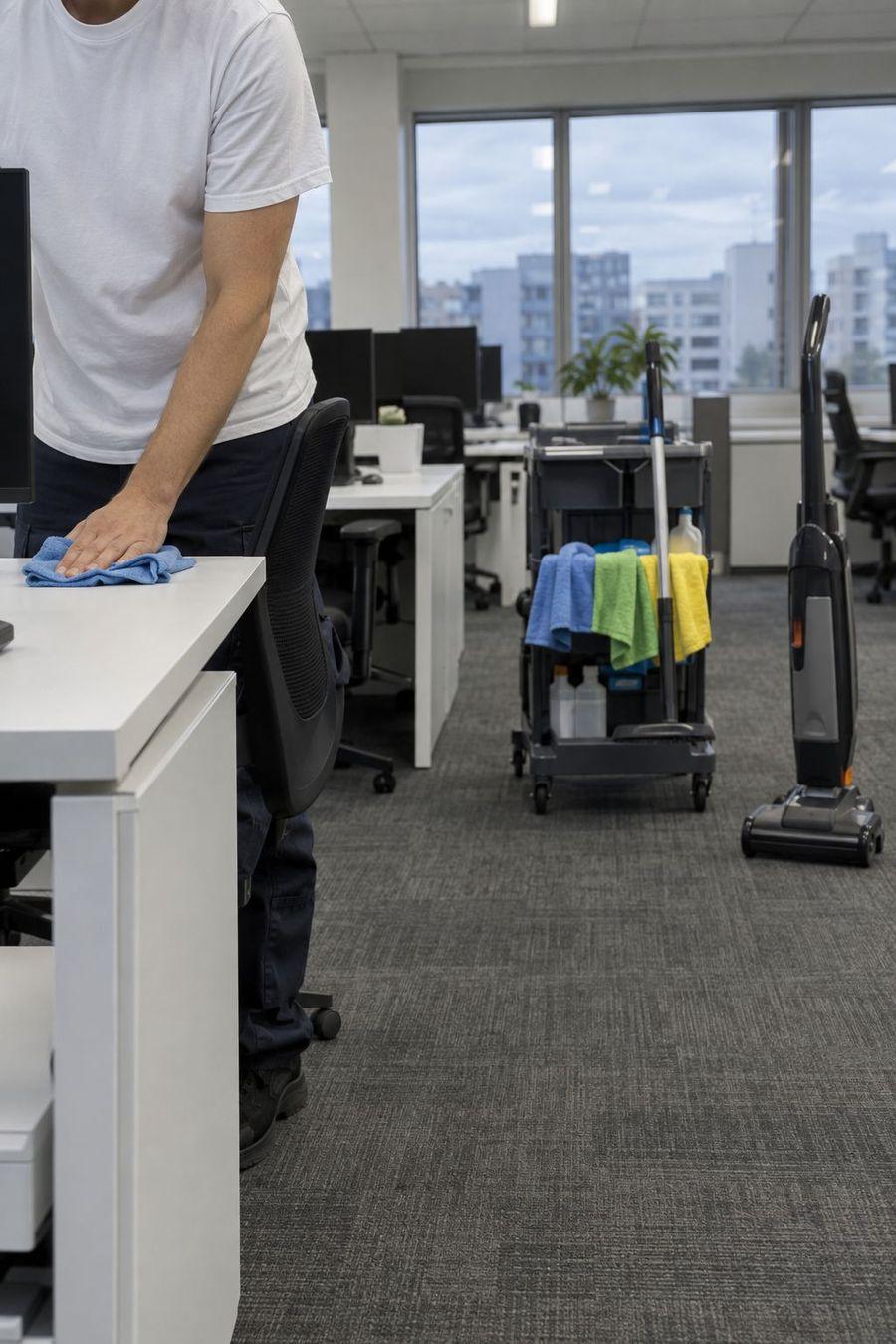Essuyage d'un bureau au chiffon microfibre dans un plateau de bureaux vide, en fin de journée