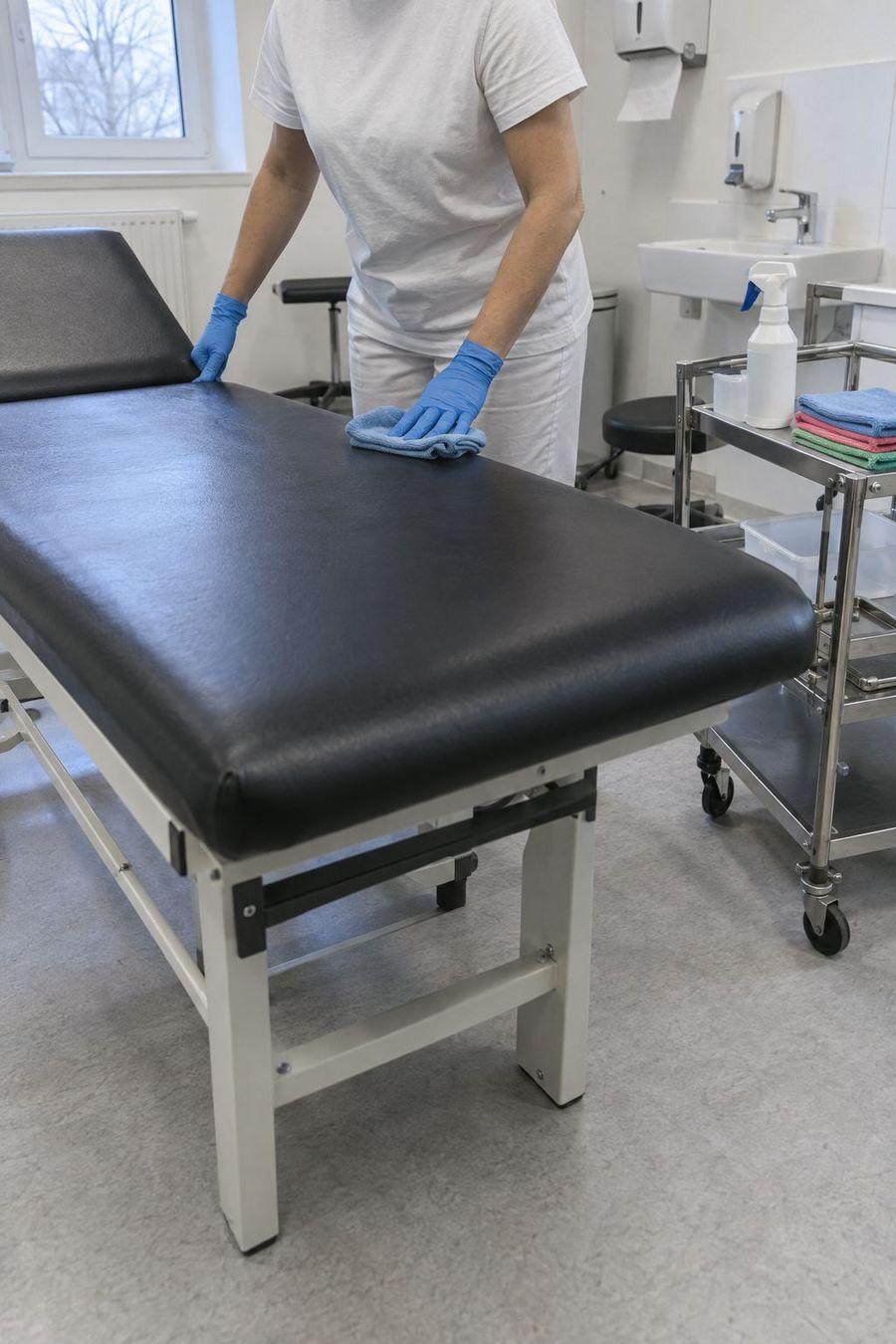Essuyage de la table d'examen d'un cabinet médical, gants nitrile et lavettes de couleur
