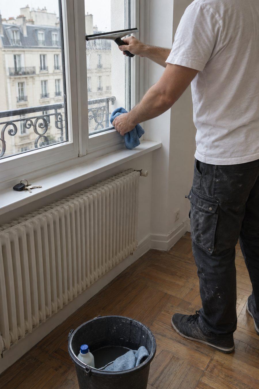 Nettoyage des vitres d'un appartement vide avant l'état des lieux de sortie