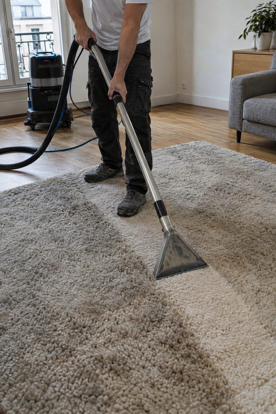 Nettoyage d'un tapis clair à l'injection-extraction, bande propre tracée dans la fibre