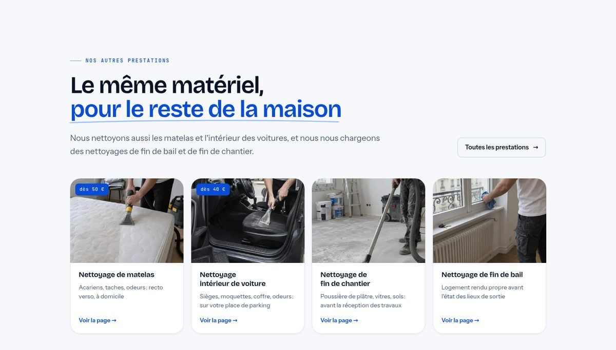 Cartes photo menant aux autres prestations de CleanTwo : matelas, intérieur de voiture, fin de chantier, fin de bail