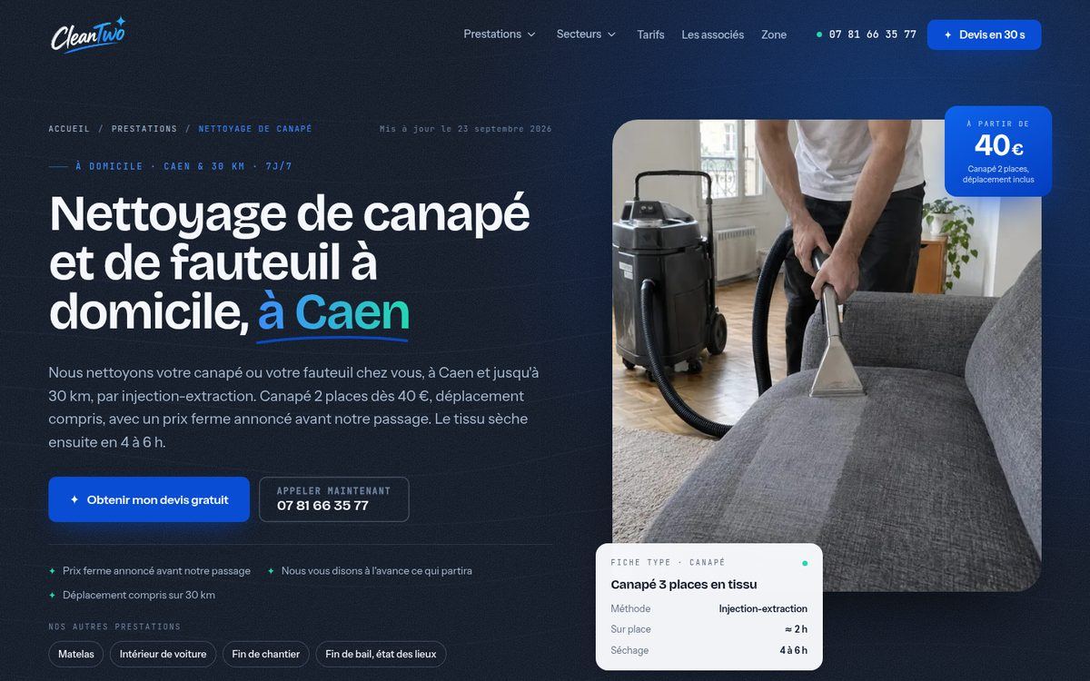 En-tête de la page de nettoyage de canapé de CleanTwo : titre, prix de départ à 40 € et fiche d'intervention