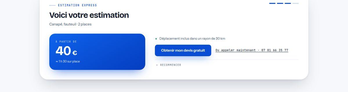 Estimateur de prix de CleanTwo affichant 40 € pour un canapé 2 places, déplacement inclus