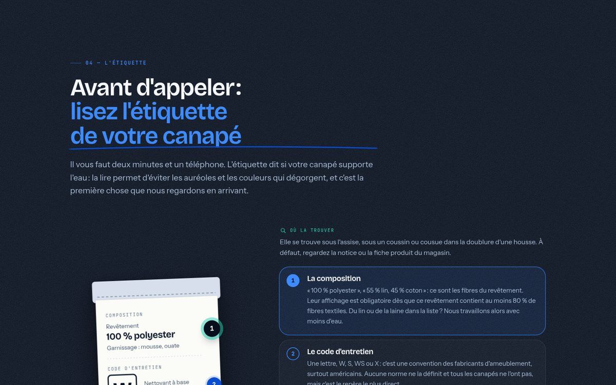 Section « Lisez l'étiquette de votre canapé » : un décodeur interactif de l'étiquette d'entretien
