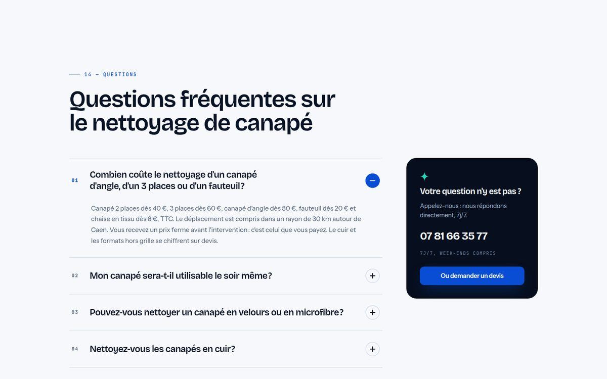 Questions fréquentes sur le nettoyage de canapé, avec un encadré pour appeler CleanTwo