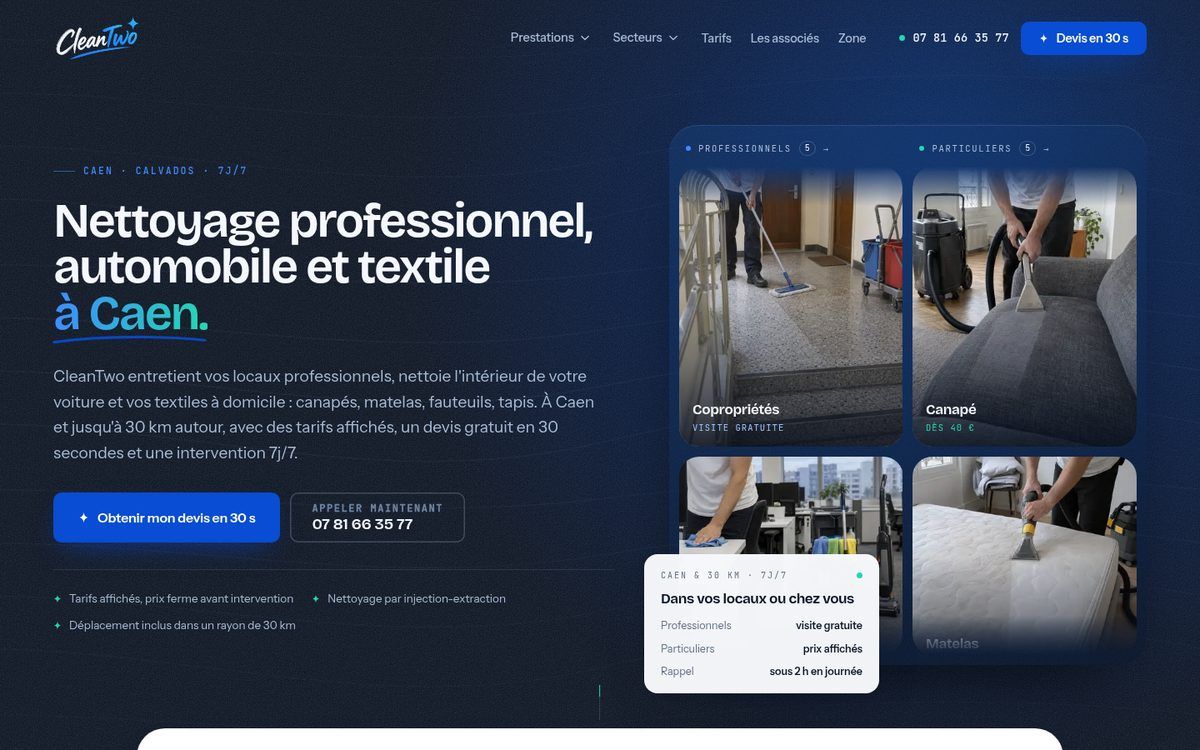 Page d'accueil du site CleanTwo sur ordinateur : titre, boutons de devis et mur de photos des secteurs et des prestations