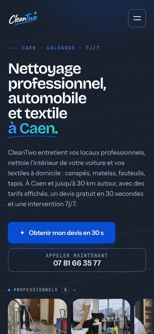 Page d'accueil du site CleanTwo sur téléphone