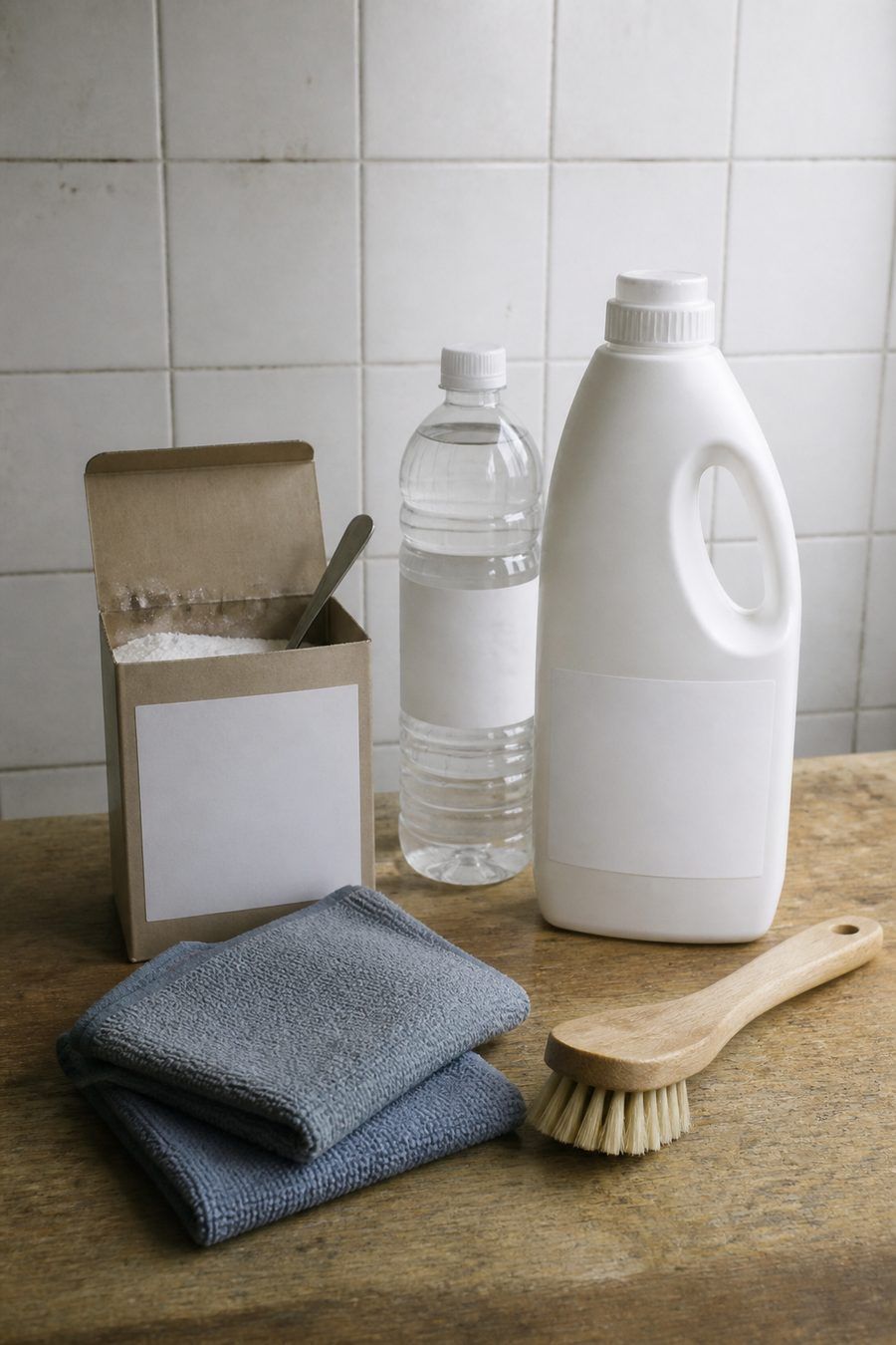 Bicarbonate, vinaigre blanc et eau de Javel posés sur le plan de travail d'une cuisine, avec des lavettes microfibre