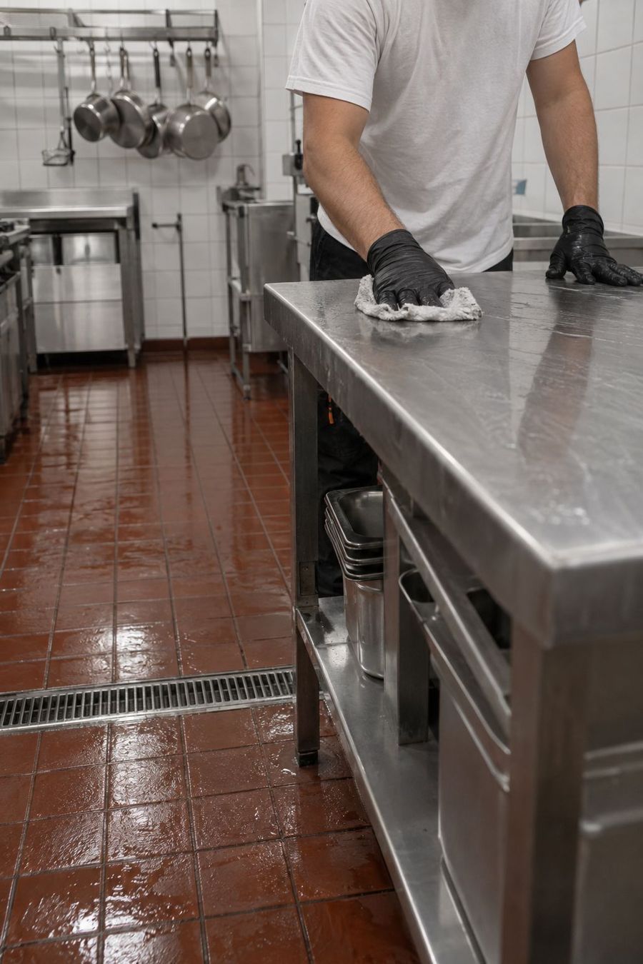 Nettoyage d'un plan de travail en inox dans la cuisine d'un restaurant après le service