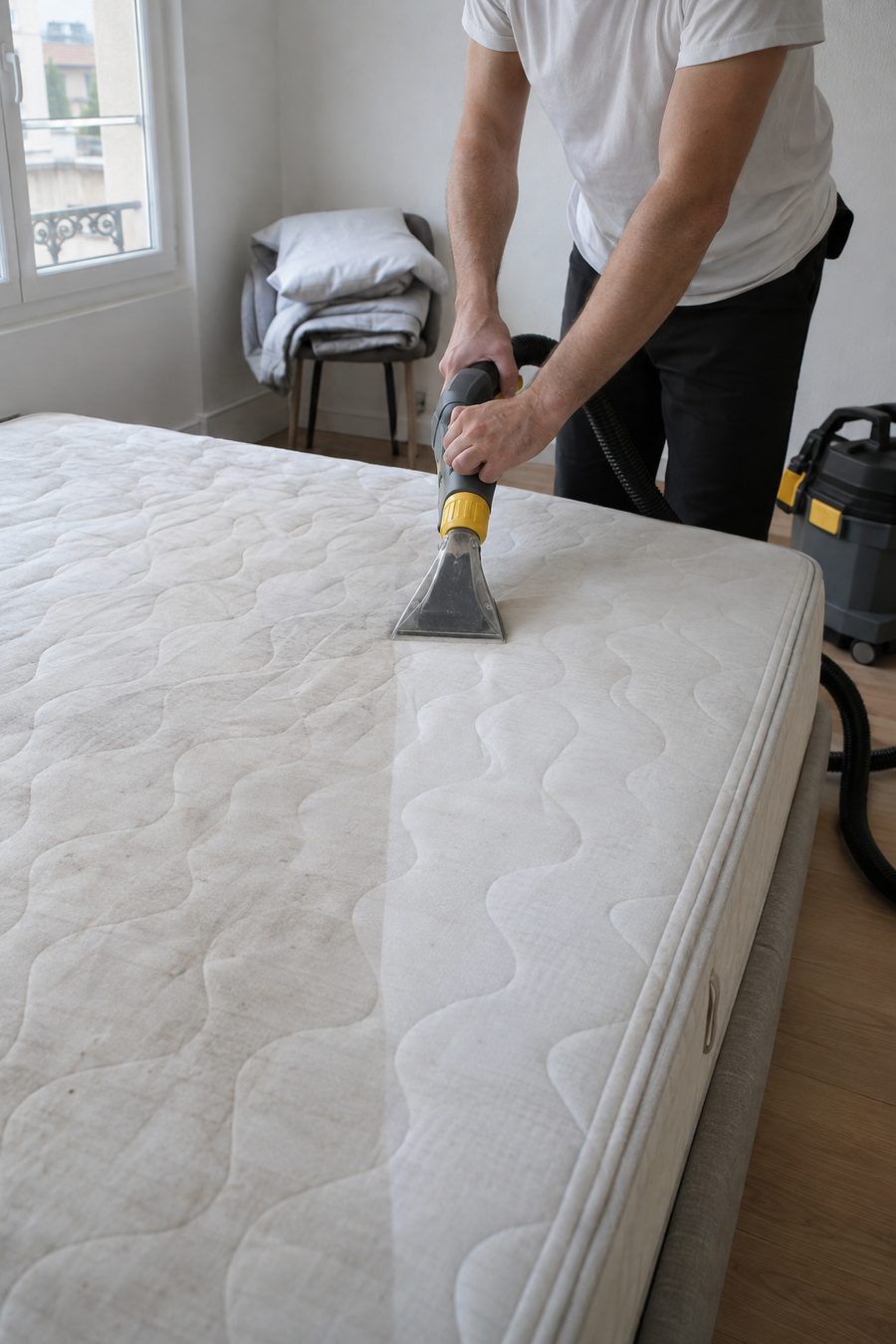 Nettoyage d'un matelas à l'injection-extraction, moitié traitée nettement plus claire que l'autre