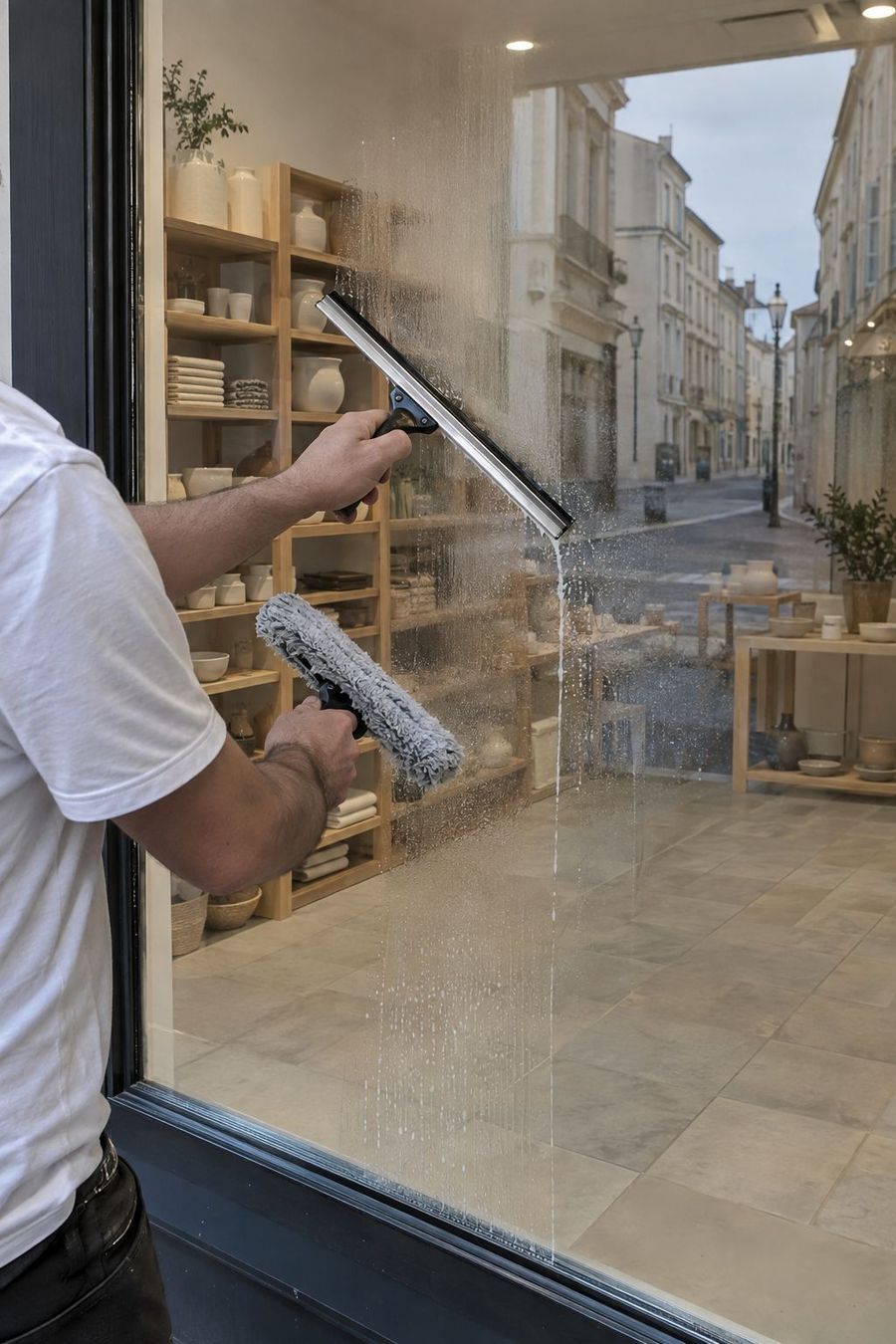 Nettoyage à la raclette de la vitrine d'une boutique, avant l'ouverture